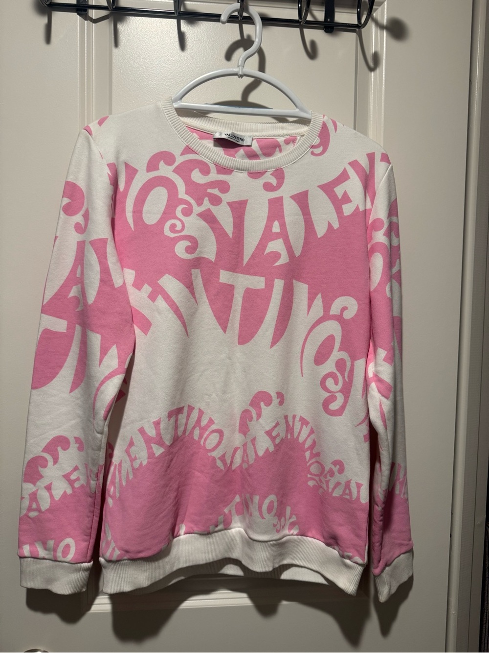 Valentino White Crewneck Sweater with Pink Logo Print